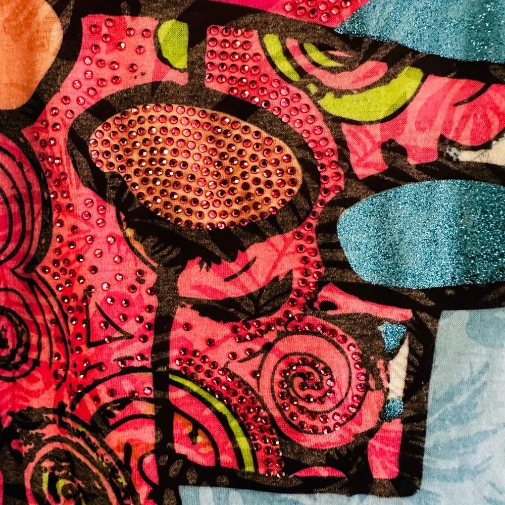 AZI NY Colorful Graphic Blue Pink Lightweight Blingy Tee Sz M - Picture 4 of 7